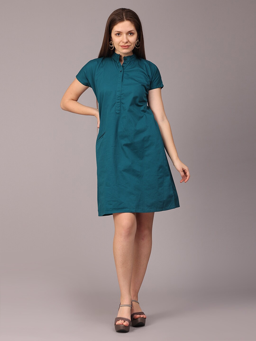 

NAYRA Mandarin Collar Pocket Detailing Cotton A-Line Dress, Green