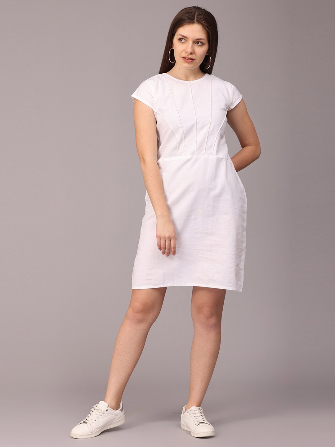 

NAYRA Cotton Above Knee Length Sheath Dress, White