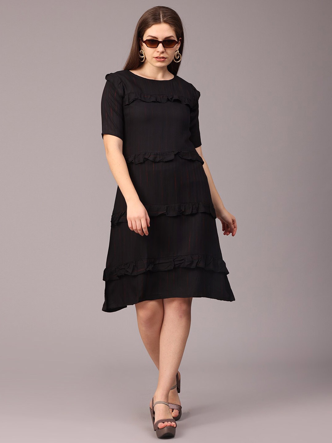 

NAYRA Striped Tiered Cotton A-Line Dress, Black