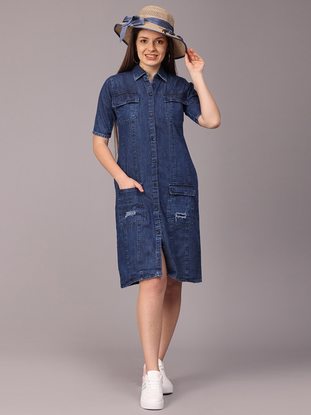 

NAYRA Shirt Collar Pocket Detailing Cotton Shirt Dress, Blue