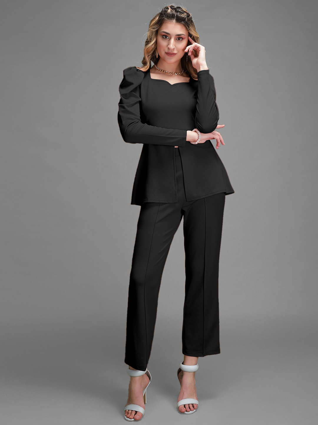 

Selvia Square Neck Front Slit Causal Top And Trouser, Black