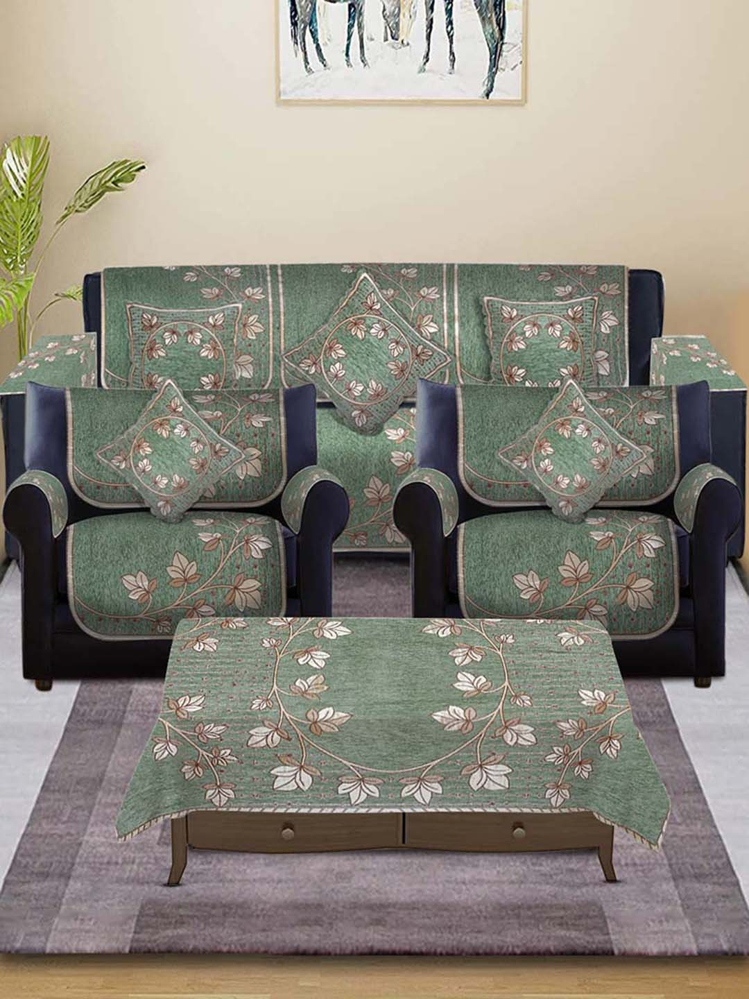 

Slushy Mushy Green & Brown Floral-Printed 5-Seater Sofa Cover With Arms