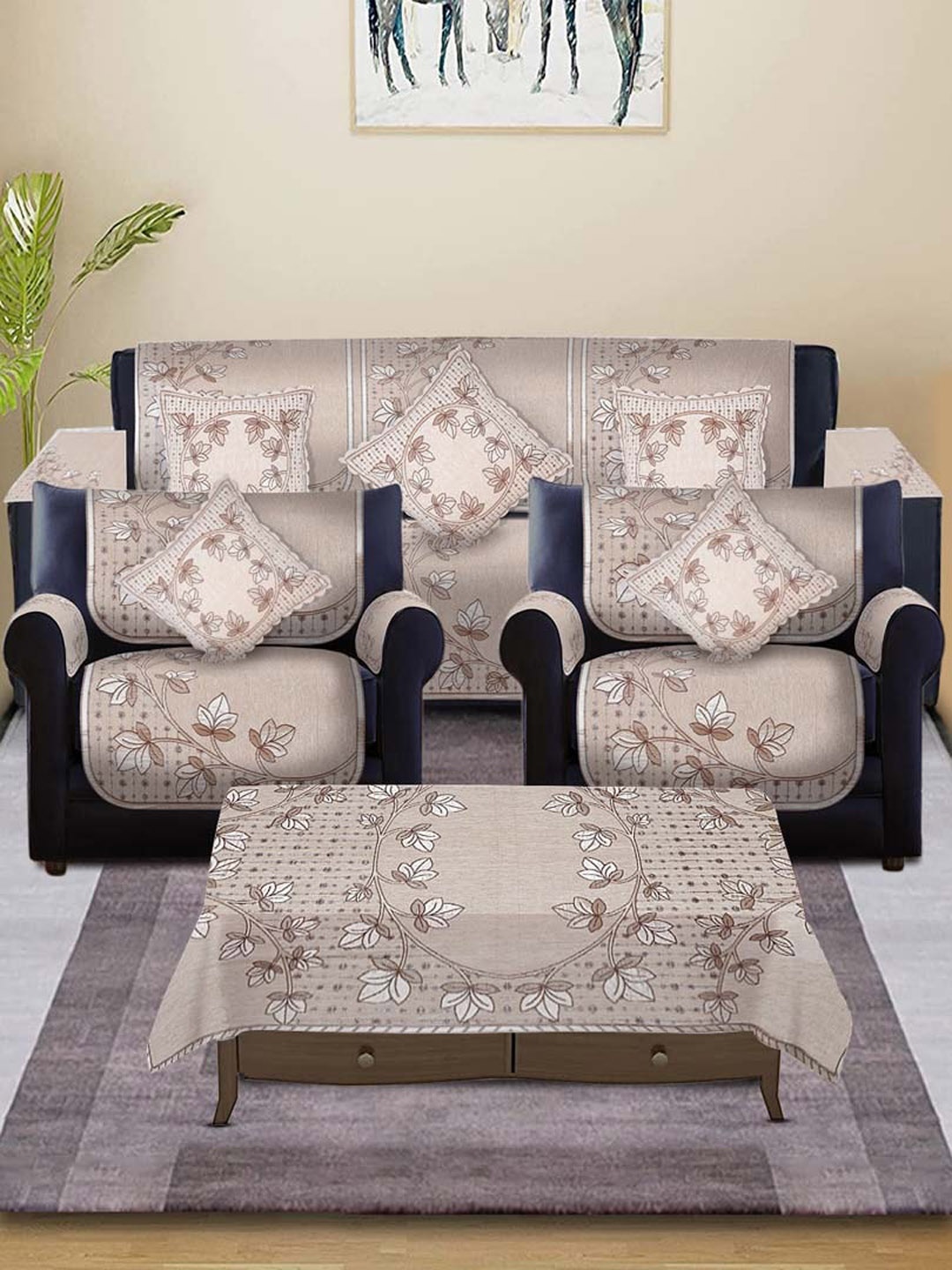 

Slushy Mushy Beige & Brown Floral-Printed 5-Seater Sofa Covers With Arms