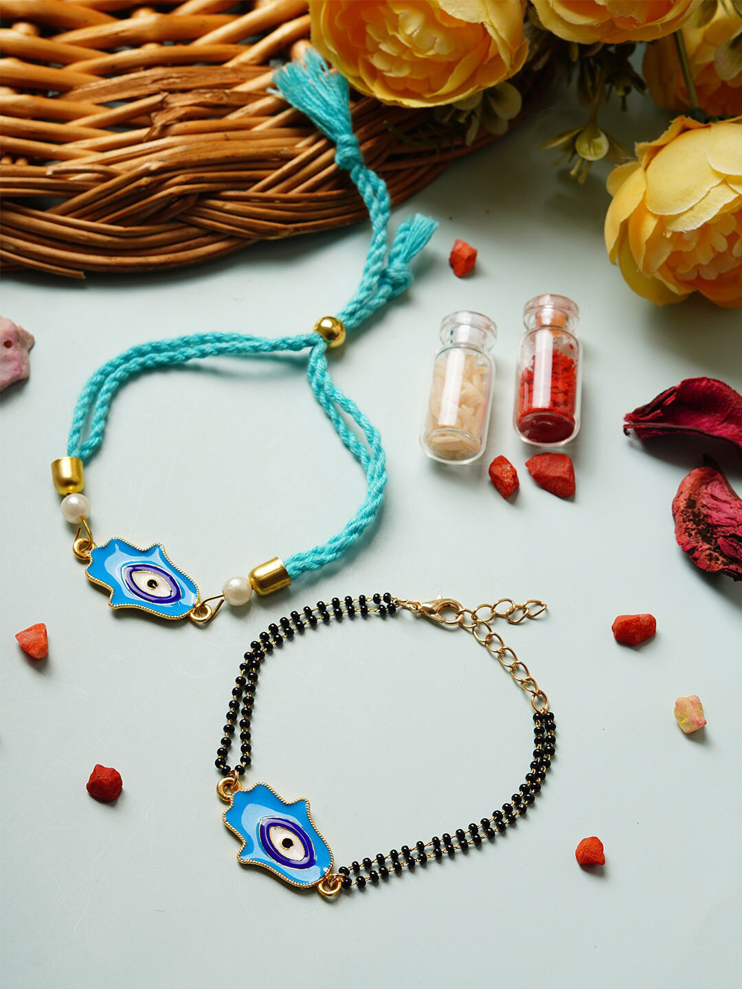 

Ferosh Set Of 2 Beaded & Hamsa Hand Thread Rakhi, Blue