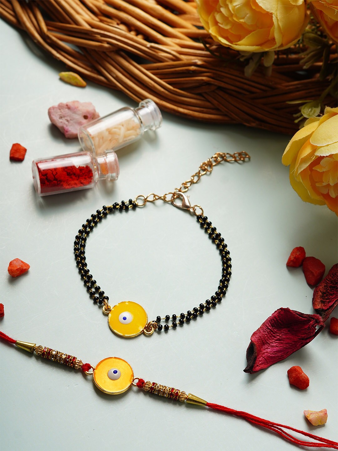 

Ferosh Set Of 2 Beaded & Evil Eye Charm Rakhi, Red
