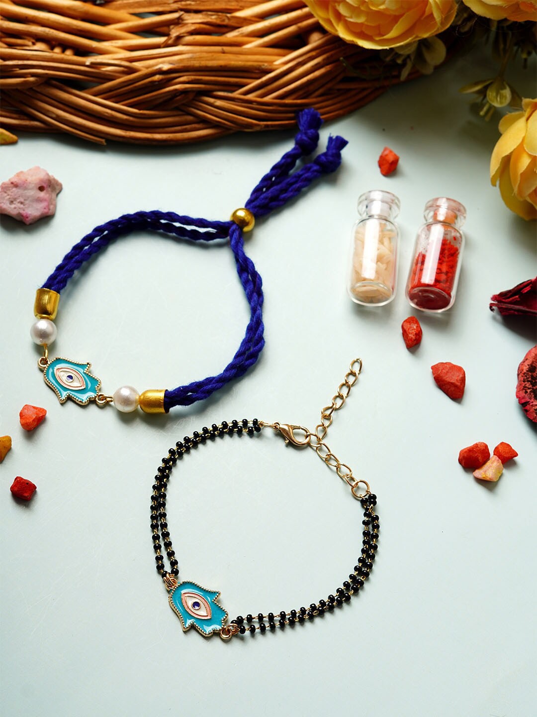 

Ferosh Set Of 2 Hamsa Beaded & Thread Rakhi, Blue