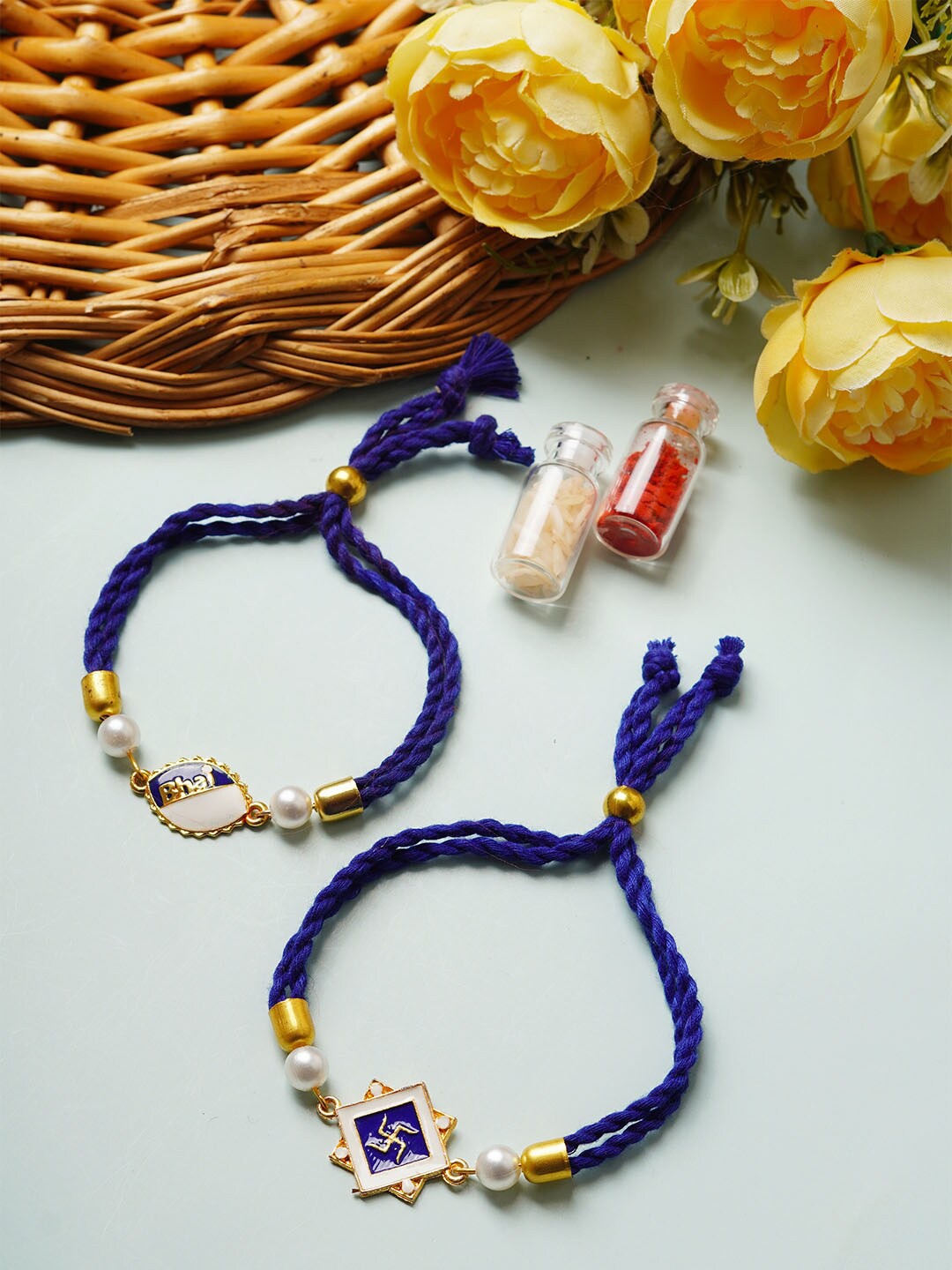 

Ferosh Set Of 2 Bhai & Swastika Stone-Studded With Pearl-Beaded Charm Rakhi, Gold
