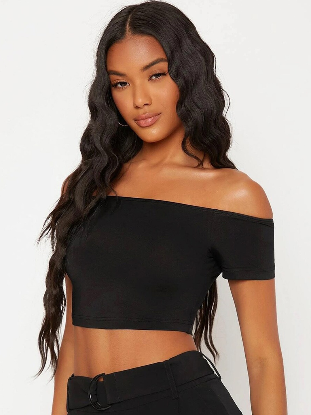 

KALINI Off-Shoulder Cotton Knitted Bardot Crop Top, Black