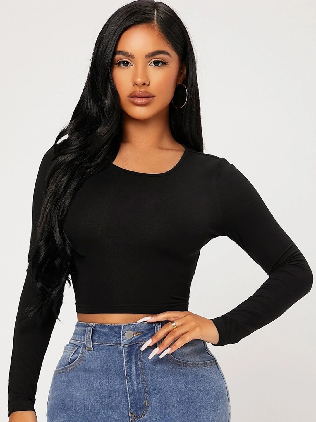 

KALINI Long Sleeves Cotton Fitted Crop Top, Black