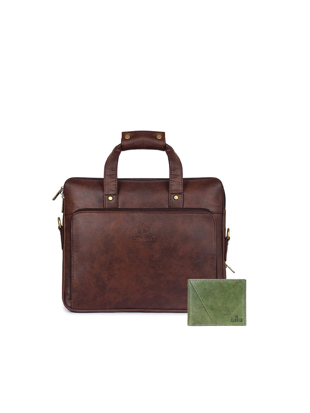

THE CLOWNFISH Unisex Leather Laptop Bag With Wallet, Brown