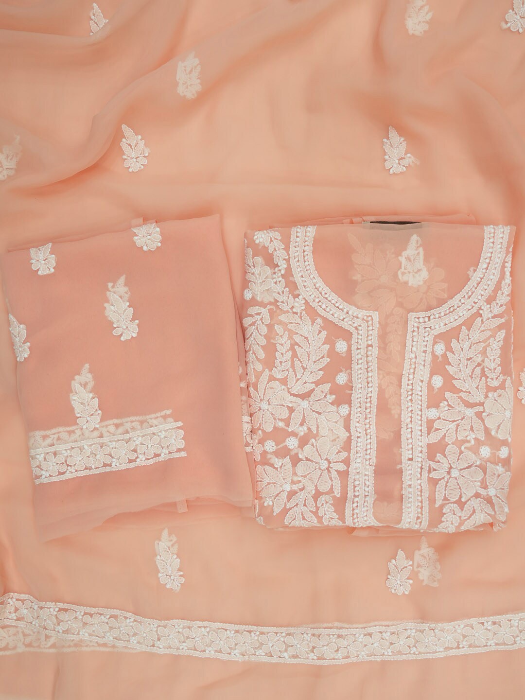 

PARAMOUNT CHIKAN Chikankari Embroidered Unstitched Dress Material, Peach