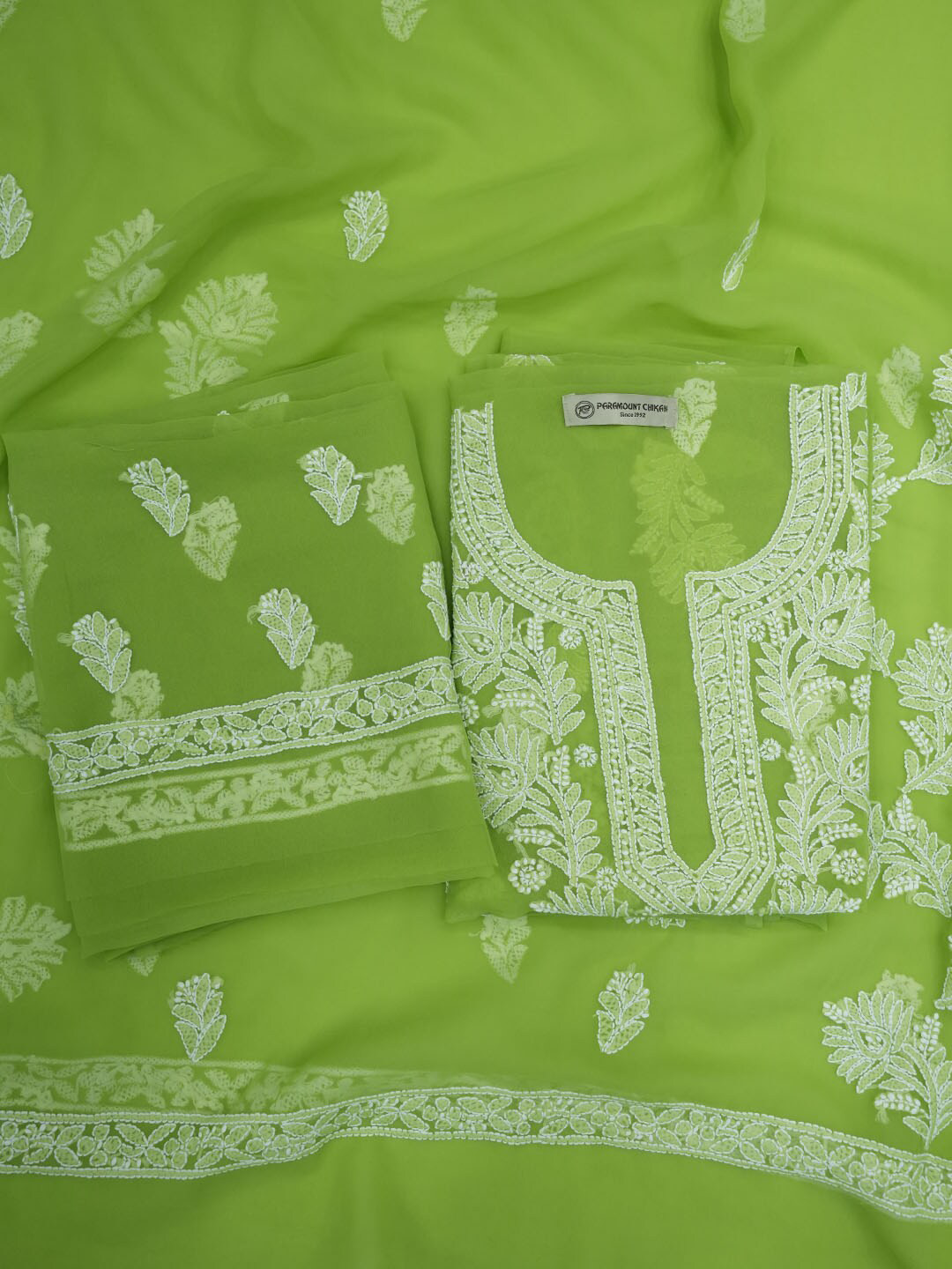 

PARAMOUNT CHIKAN Ethnic Motifs Embroidered Chikankari Unstitched Dress Material, Green