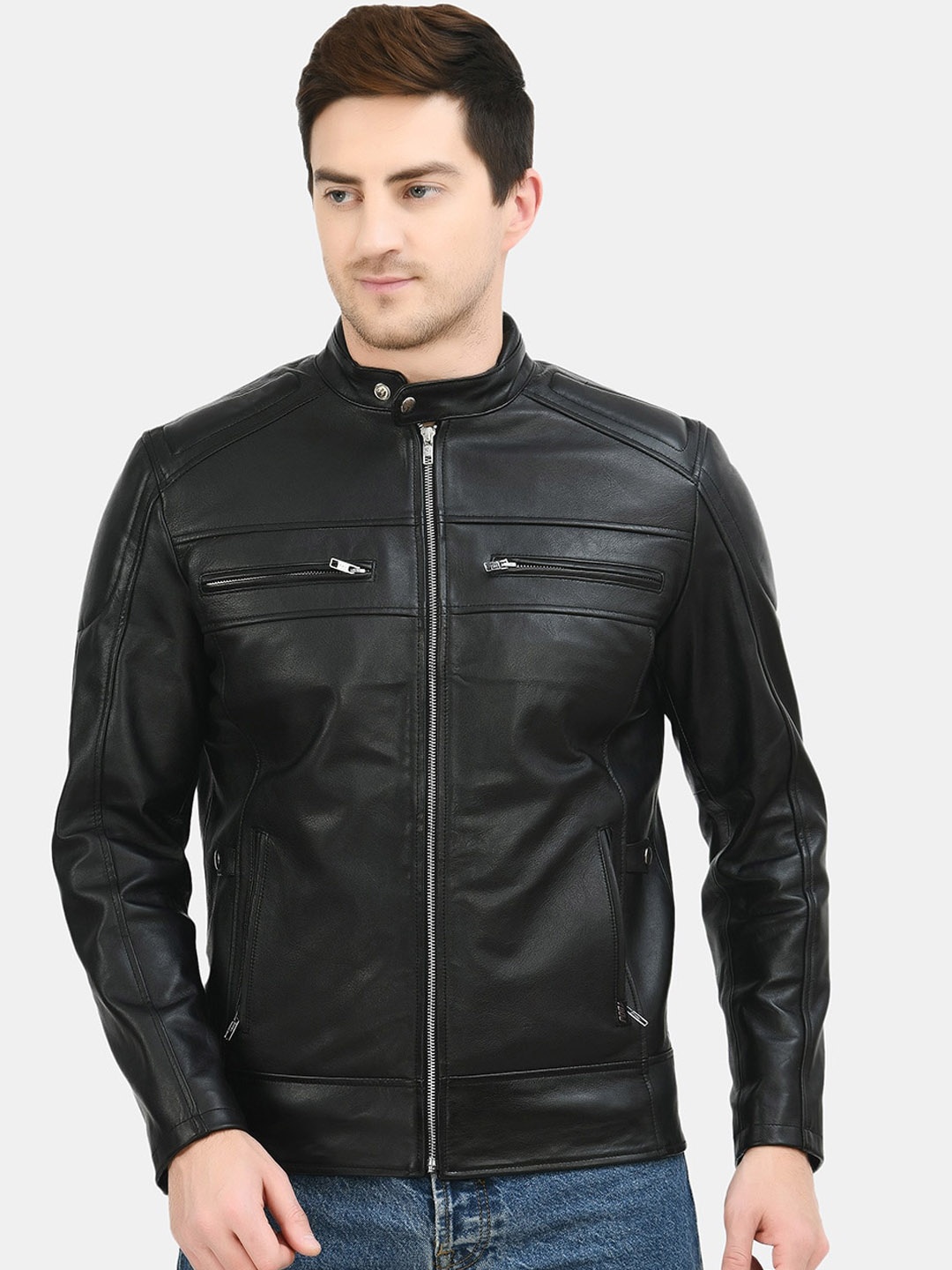 

TBOJ Mandarin Collar Water Resistant Lightweight Leather Biker Jacket, Black