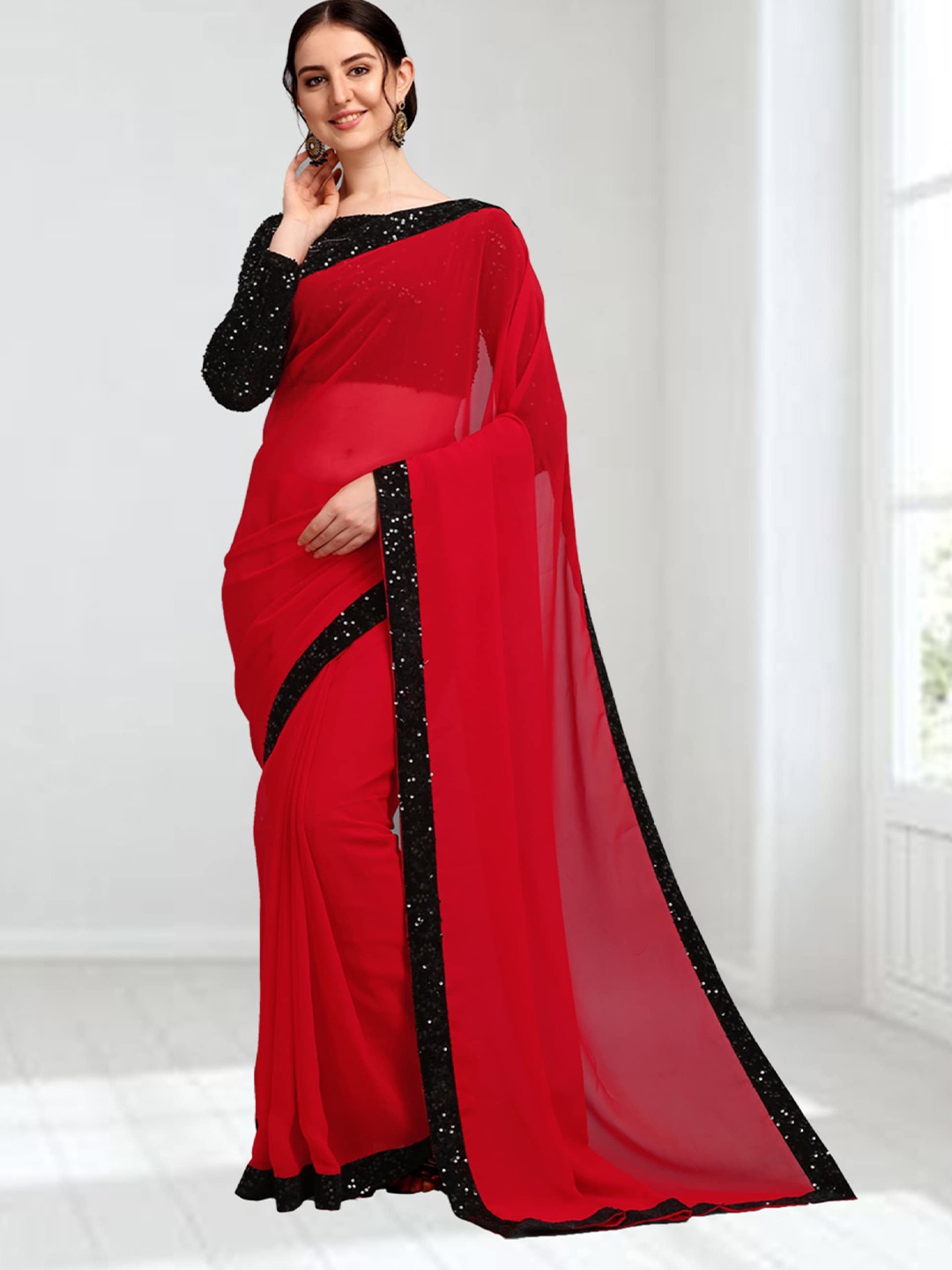 

N N ENTERPRISE Embellished Sequinned Party Saree, Red