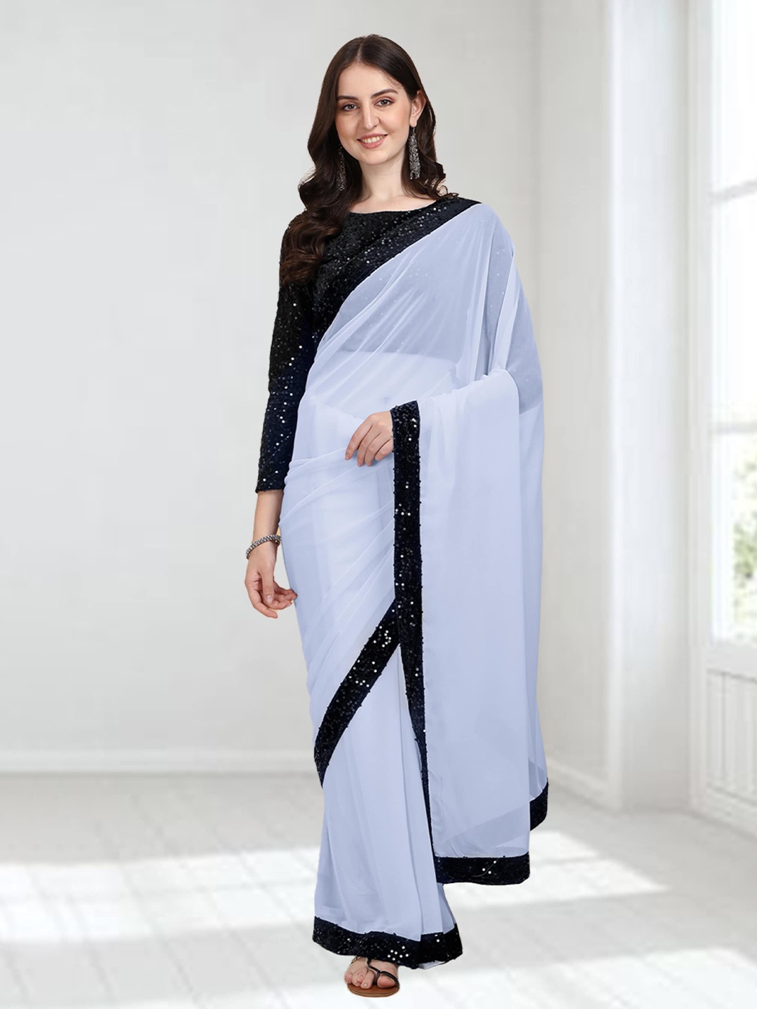 

N N ENTERPRISE Embellished Sequinned Party Saree, White