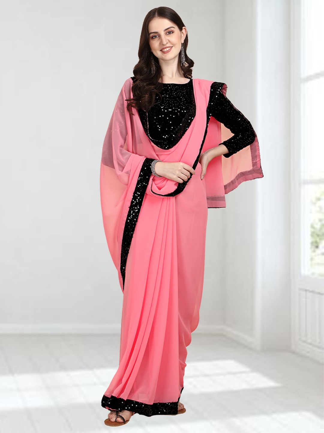 

N N ENTERPRISE Sequence Border Saree, Pink