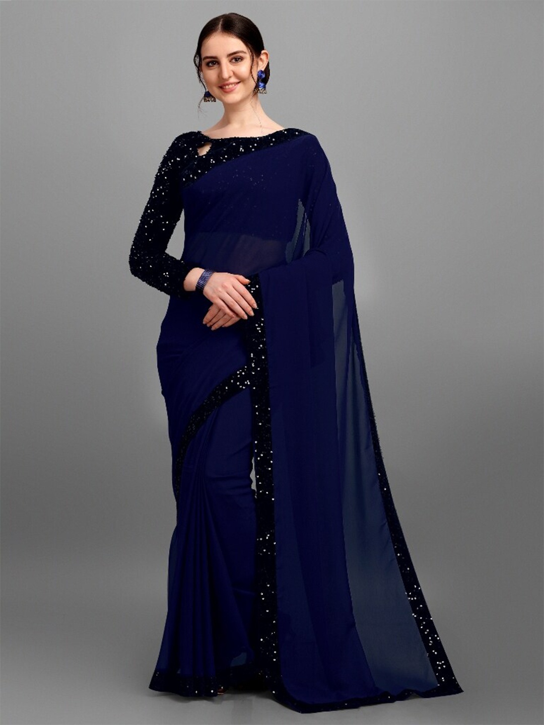 

N N ENTERPRISE Sequence Border Saree, Blue