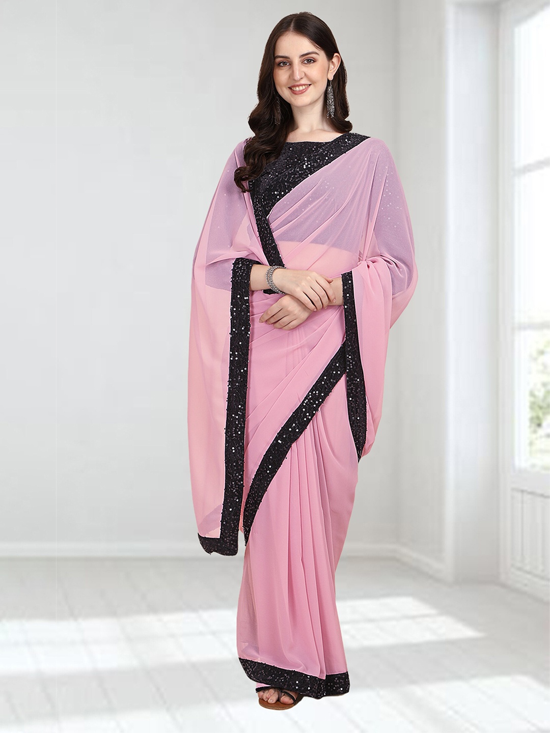 

N N ENTERPRISE Sequence Border Saree, Pink