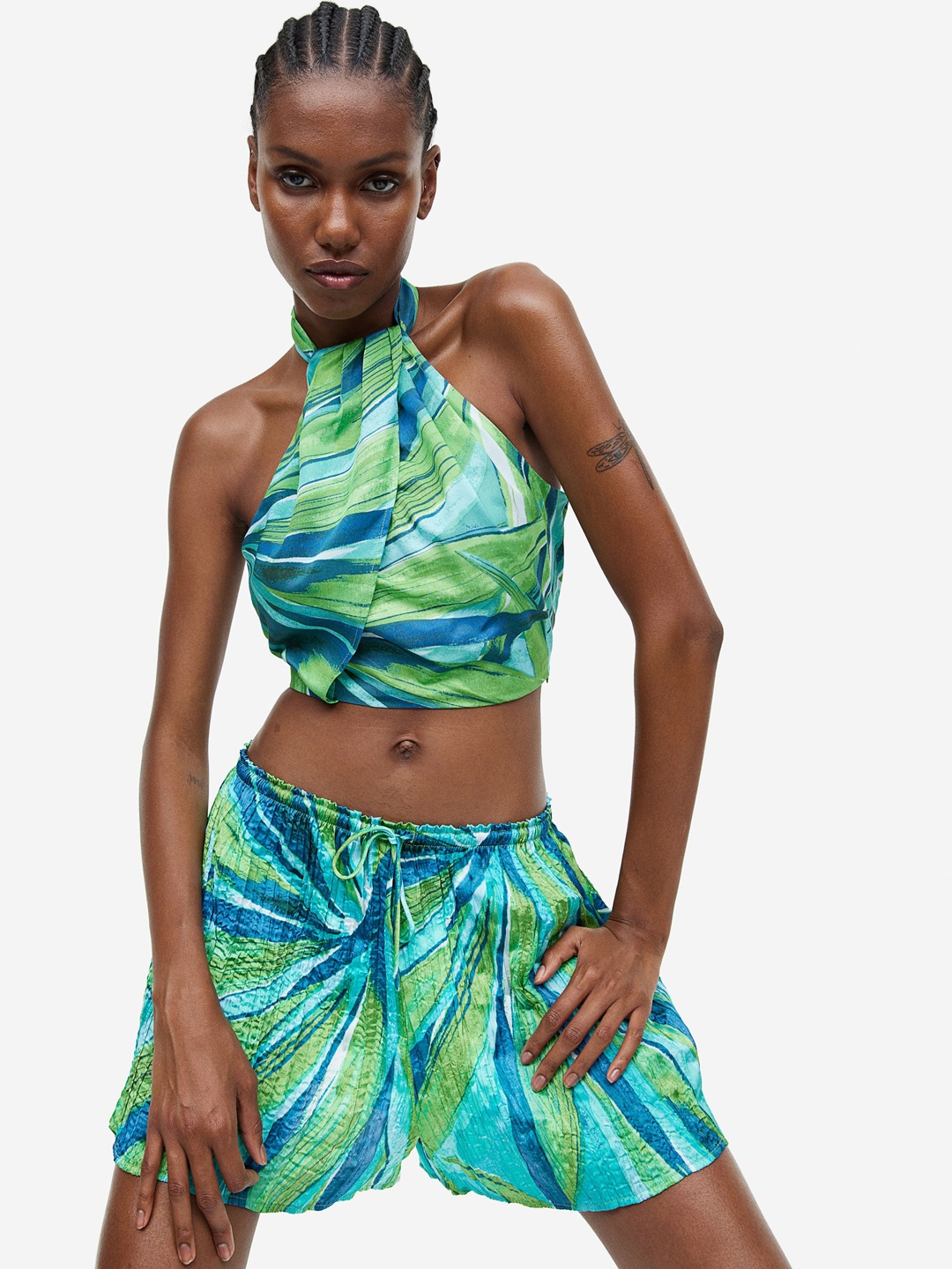 

H&M Women Pleated Satin Shorts, Green