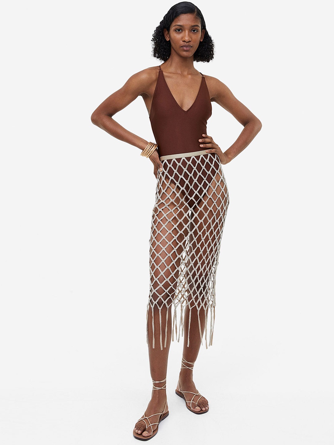 

H&M Glass Bead-Embellished Net Skirt, Beige