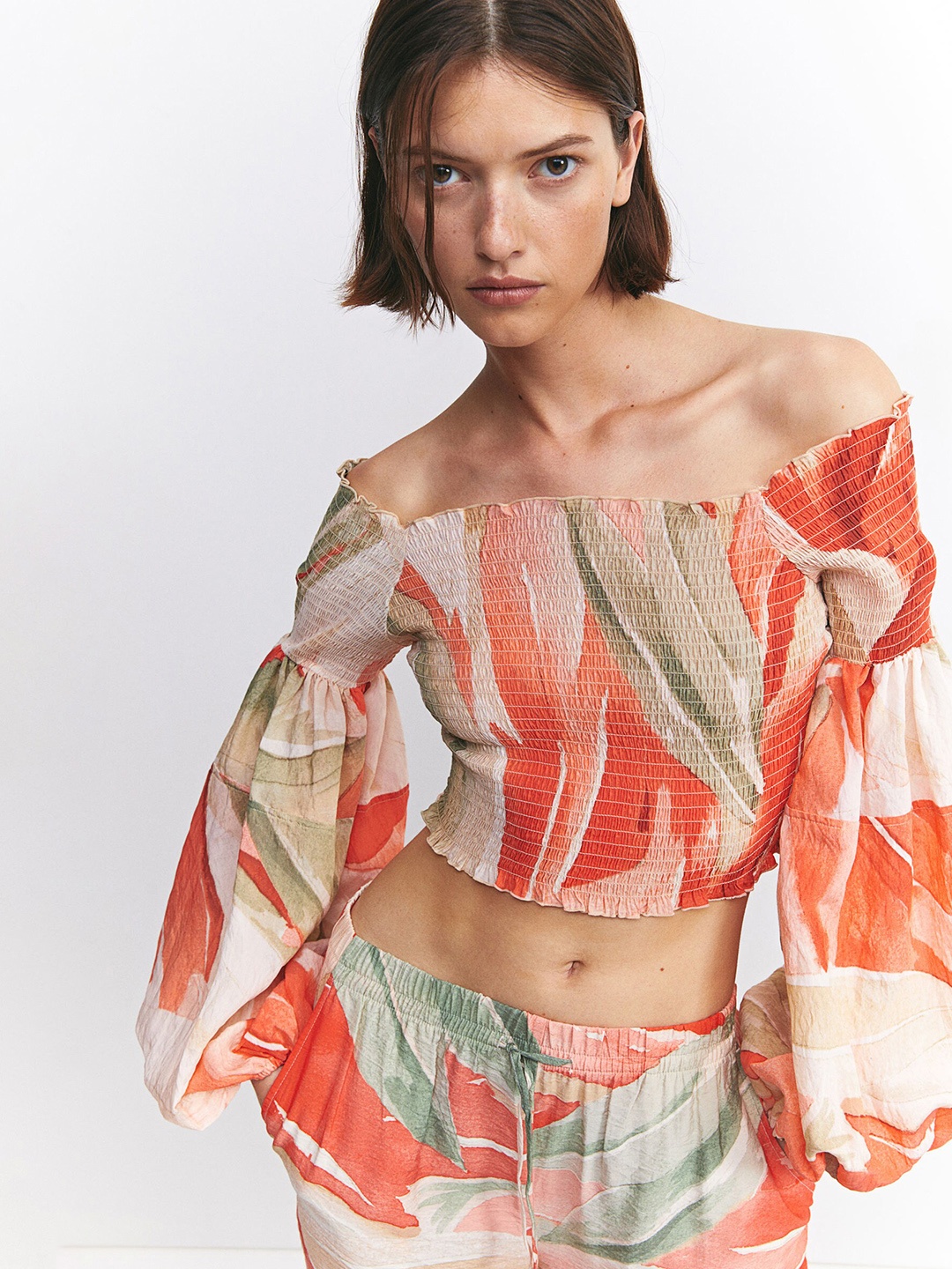 

H&M Smocked Off-The-Shoulder Top, Beige