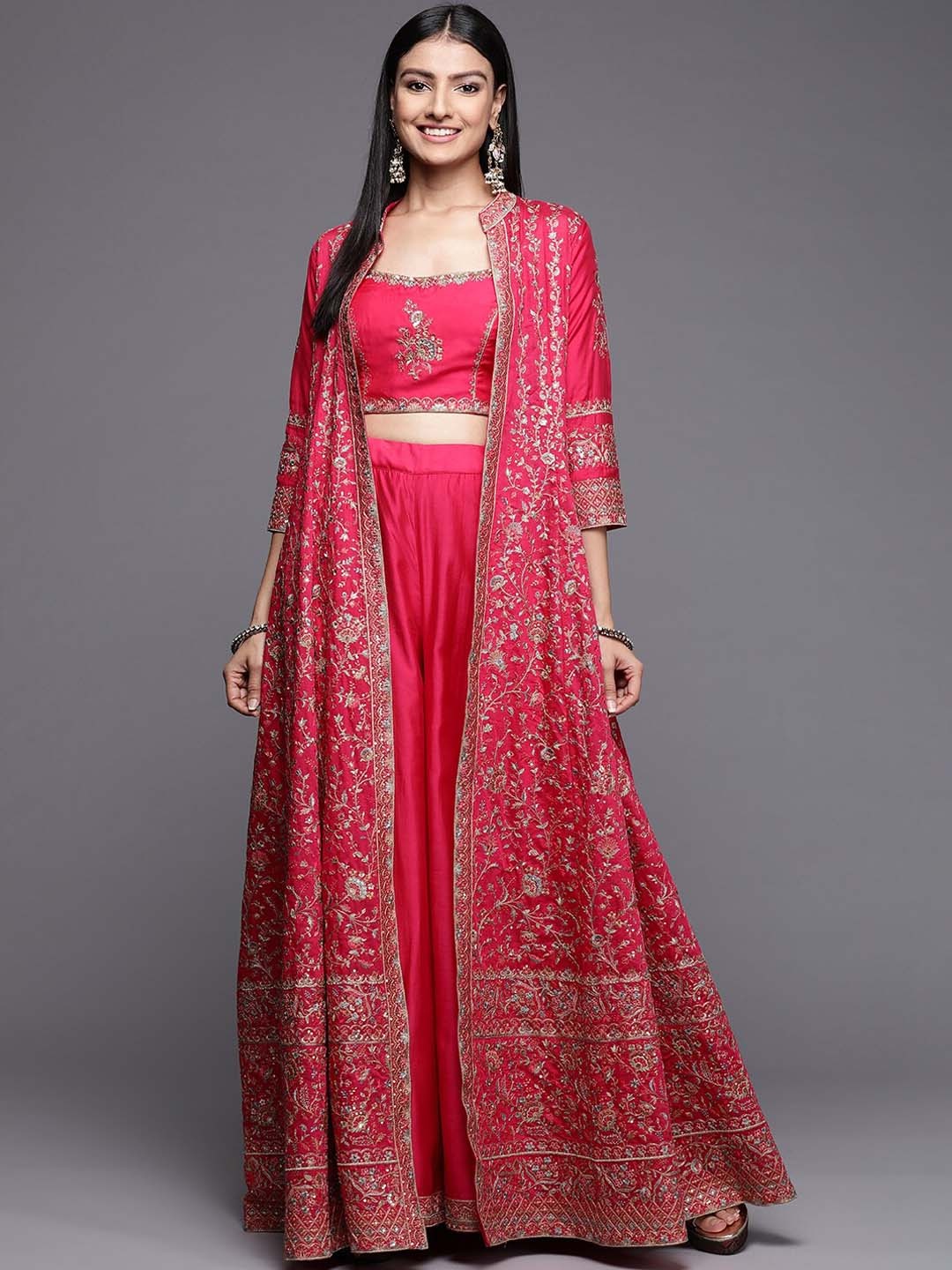 

Libas Art Embroidered Top With Palazzos & Shrug, Pink