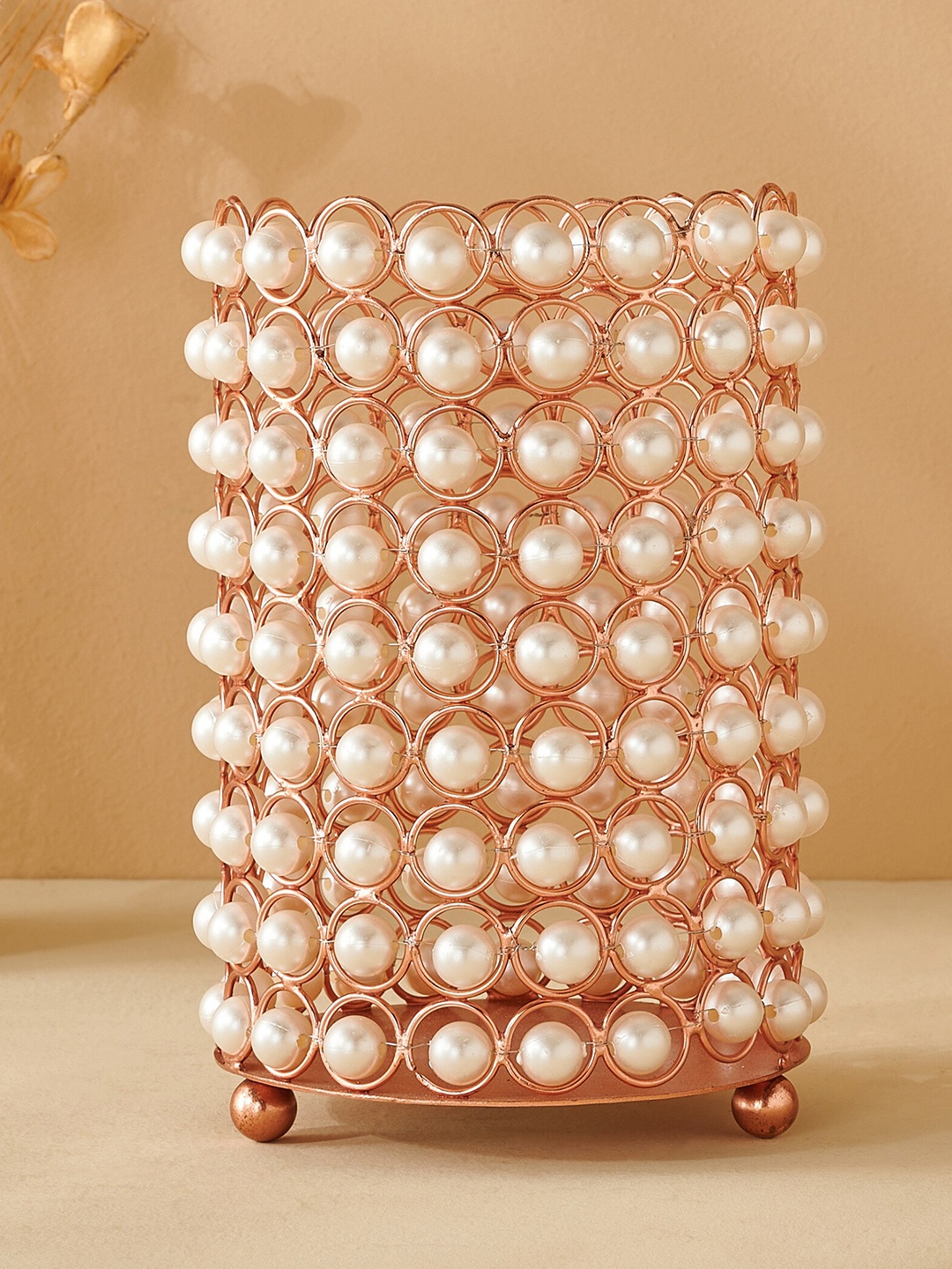 

Home Centre White Pearl Embellished T-Light Iron Candle Holder, Gold