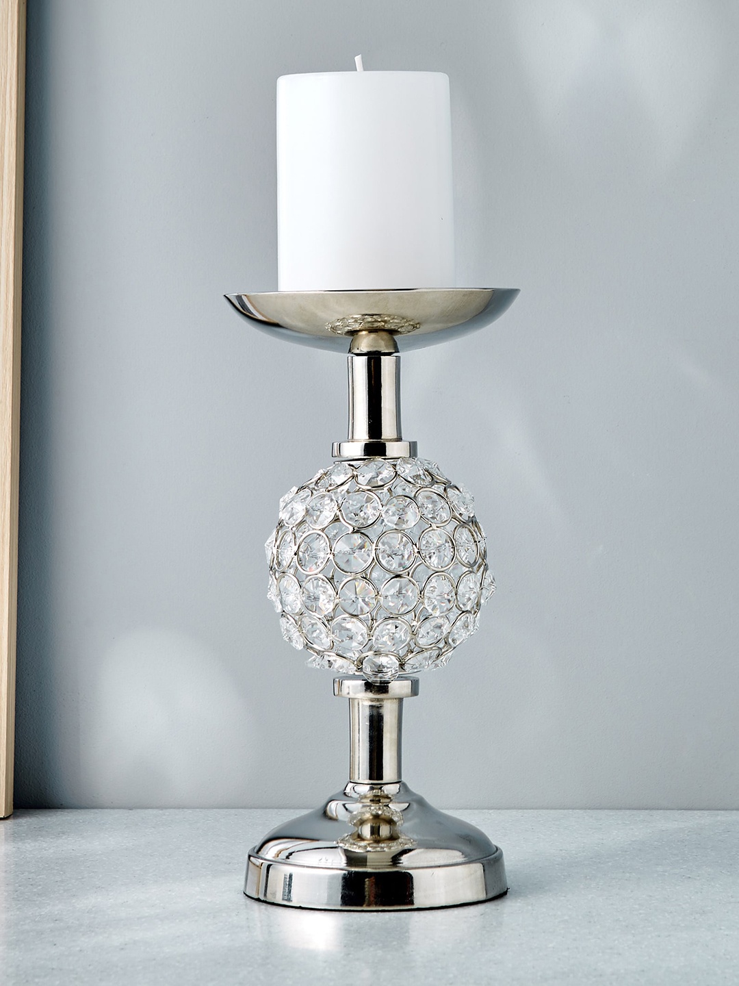 

Home Centre Silver-Toned Corsica Tasta Crystal Embellished Iron Candle Holder