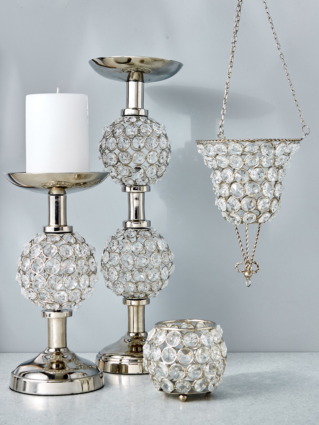 Home Centre Embellished Metal & Glass Candle Holders, Silver
