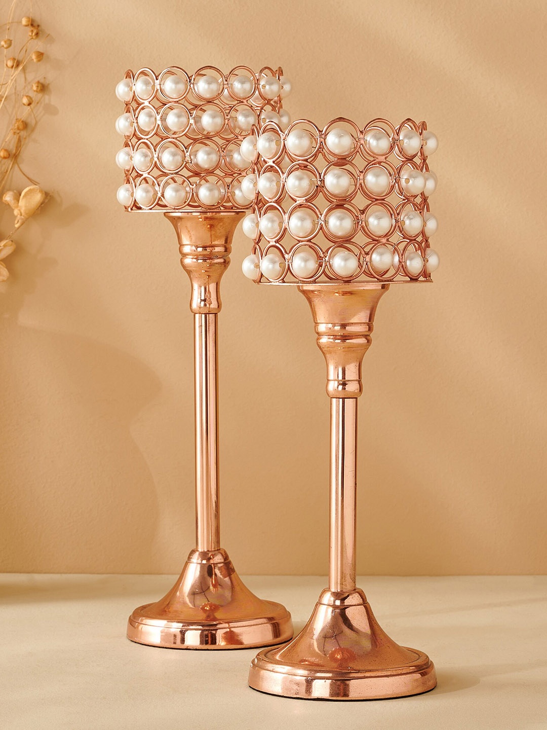 

Home Centre Gold Toned 2 Pieces Textured Glass and Metal Luster Votive Candle Holders