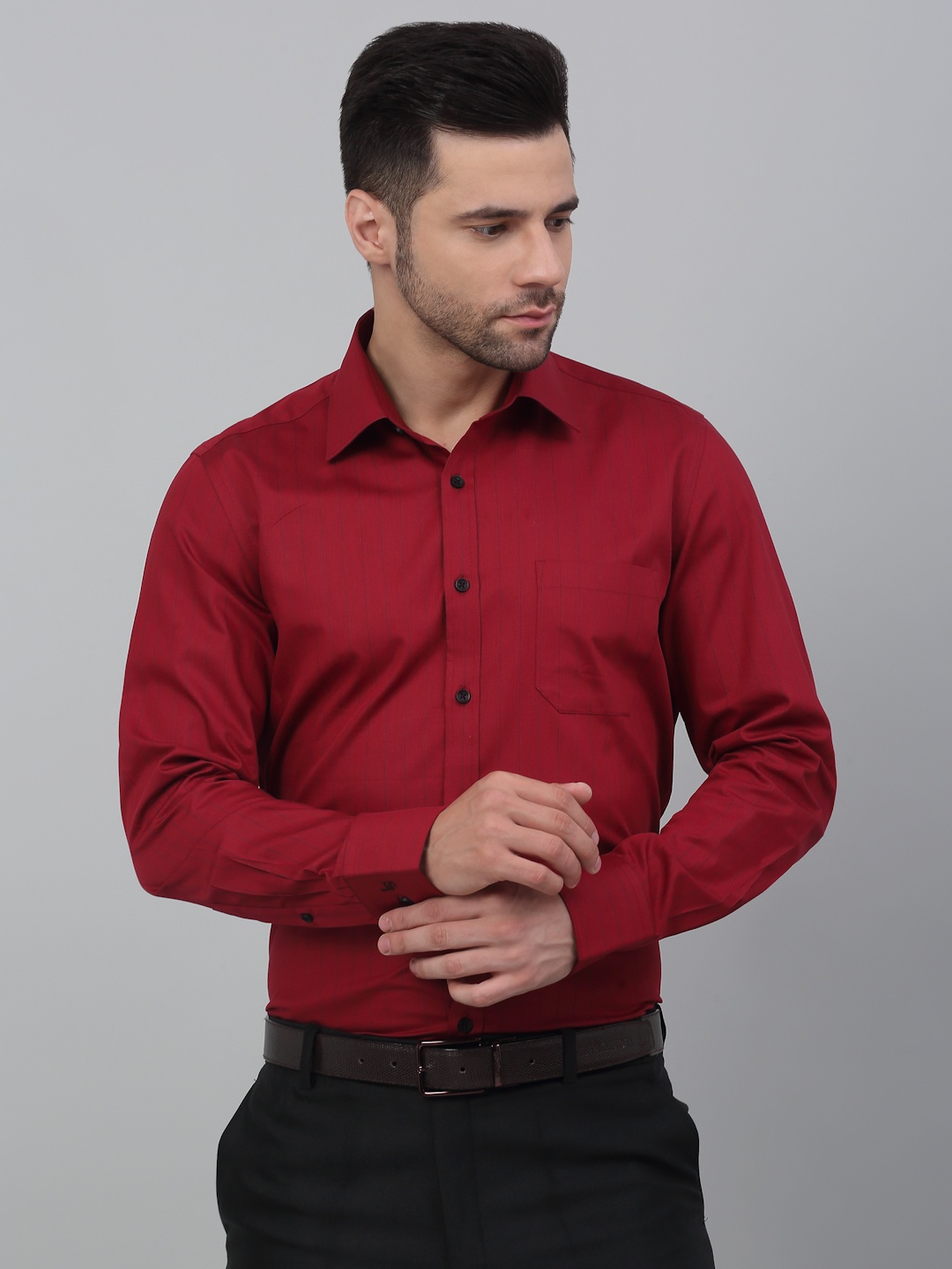 

LOUIS STITCH Vertical Striped Spread Collar Cotton Formal Shirt, Red