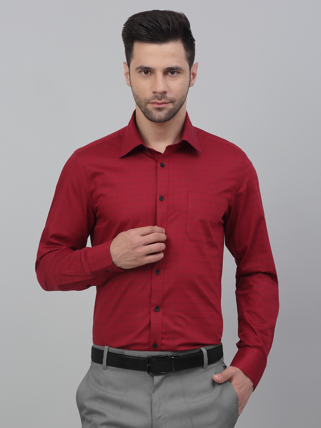 LOUIS STITCH Micro Checked Spread Collar Cotton Formal Shirt, Red