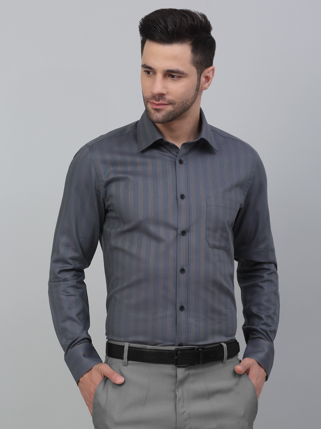 

LOUIS STITCH Striped Cotton Formal Shirt, Grey