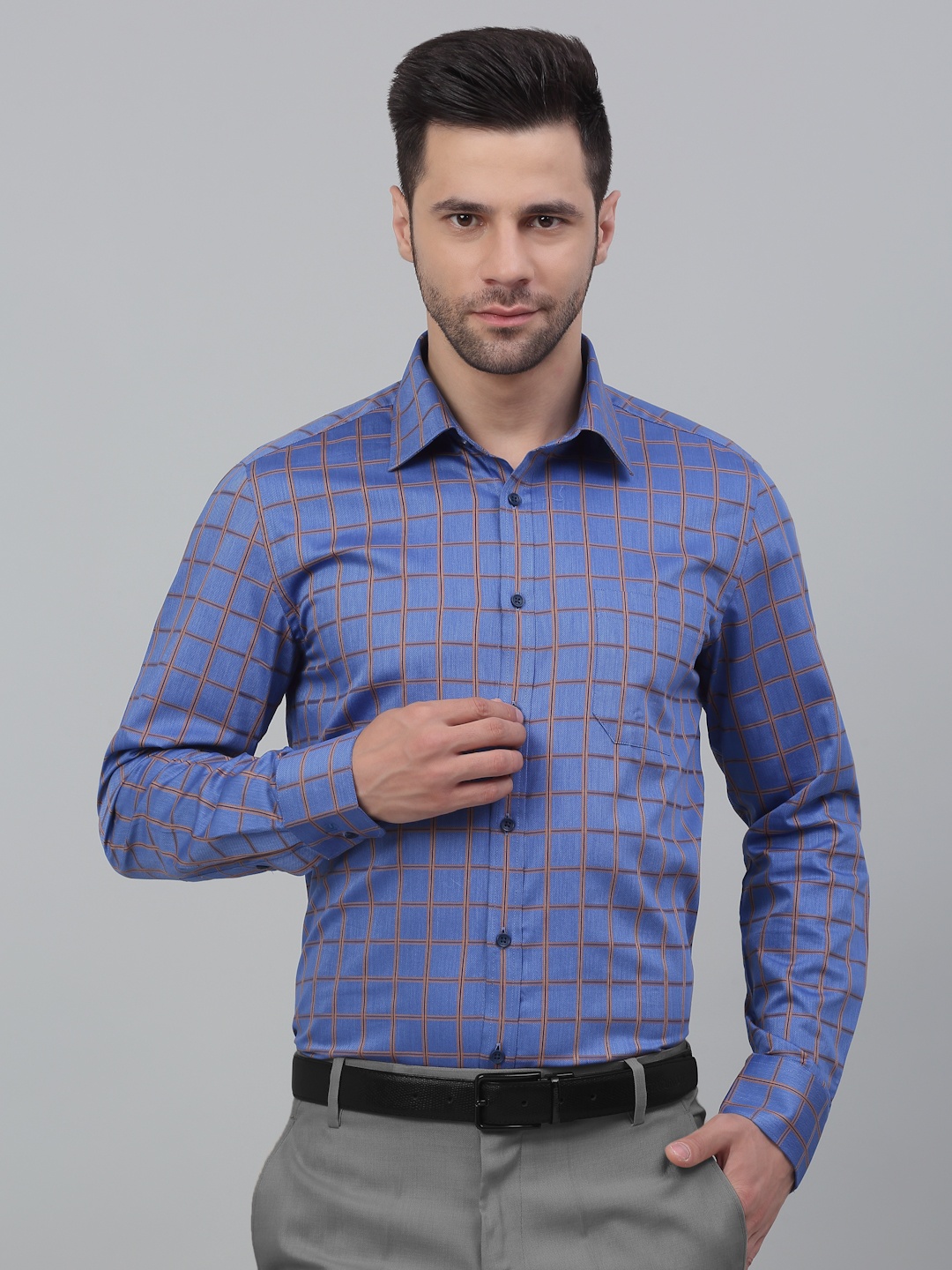 

LOUIS STITCH Grid Tattersall Checked Opaque Cotton Formal Shirt, Blue
