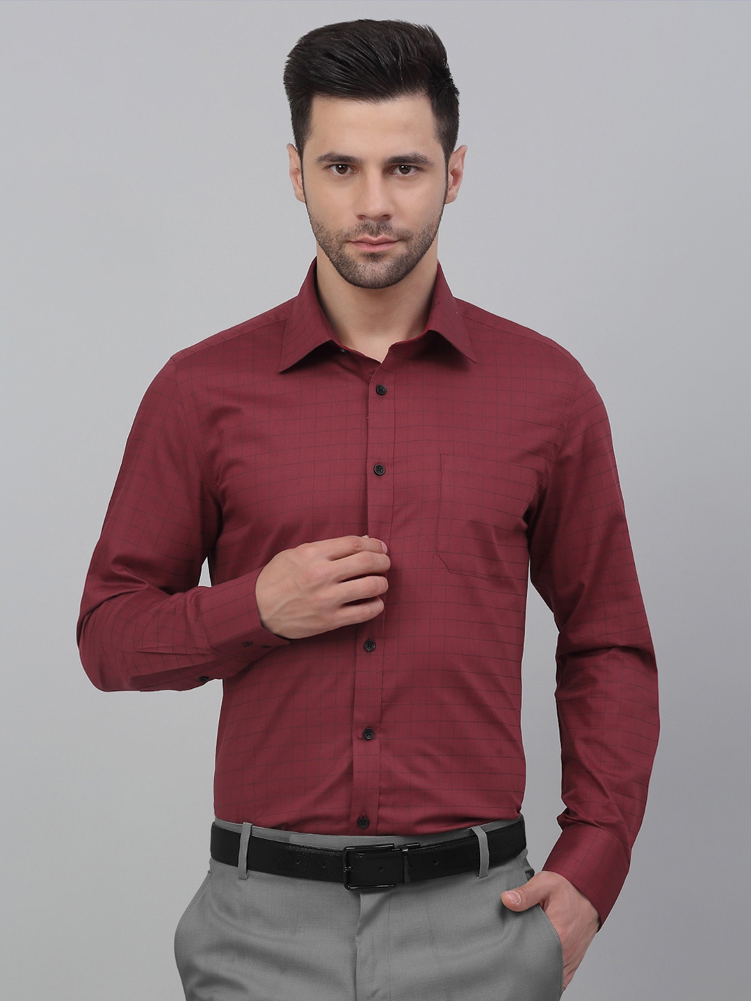 

LOUIS STITCH Windowpane Checked Opaque Cotton Formal Shirt, Red