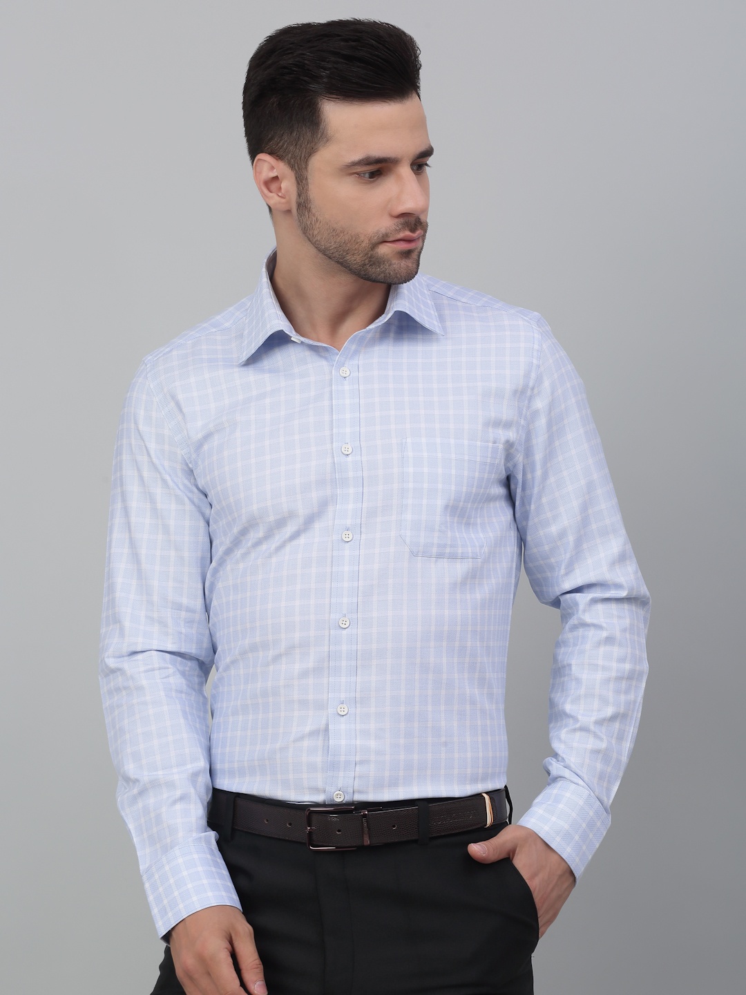 LOUIS STITCH Grid Tattersall Checked Opaque Cotton Formal Shirt, Blue