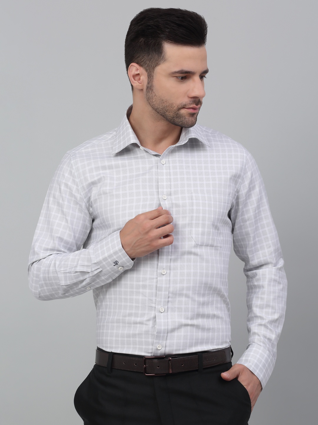 

LOUIS STITCH Grid Tattersall Checked Opaque Cotton Formal Shirt, Grey