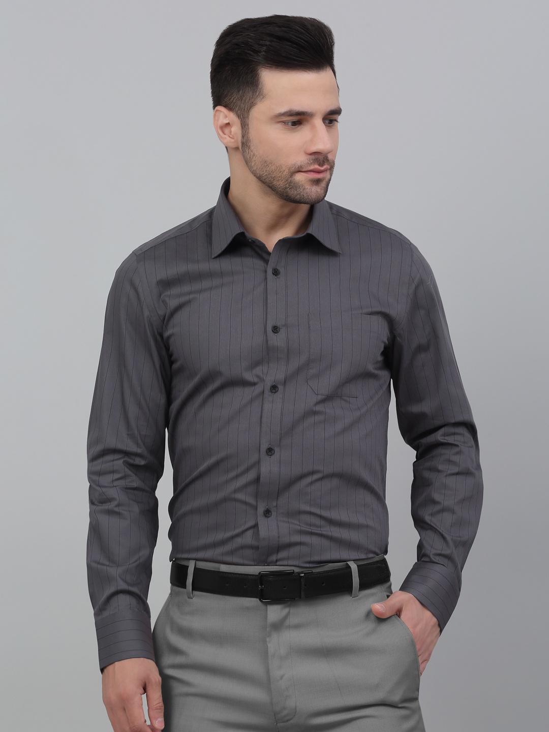 LOUIS STITCH Vertical Striped Cotton Formal Shirt, Grey