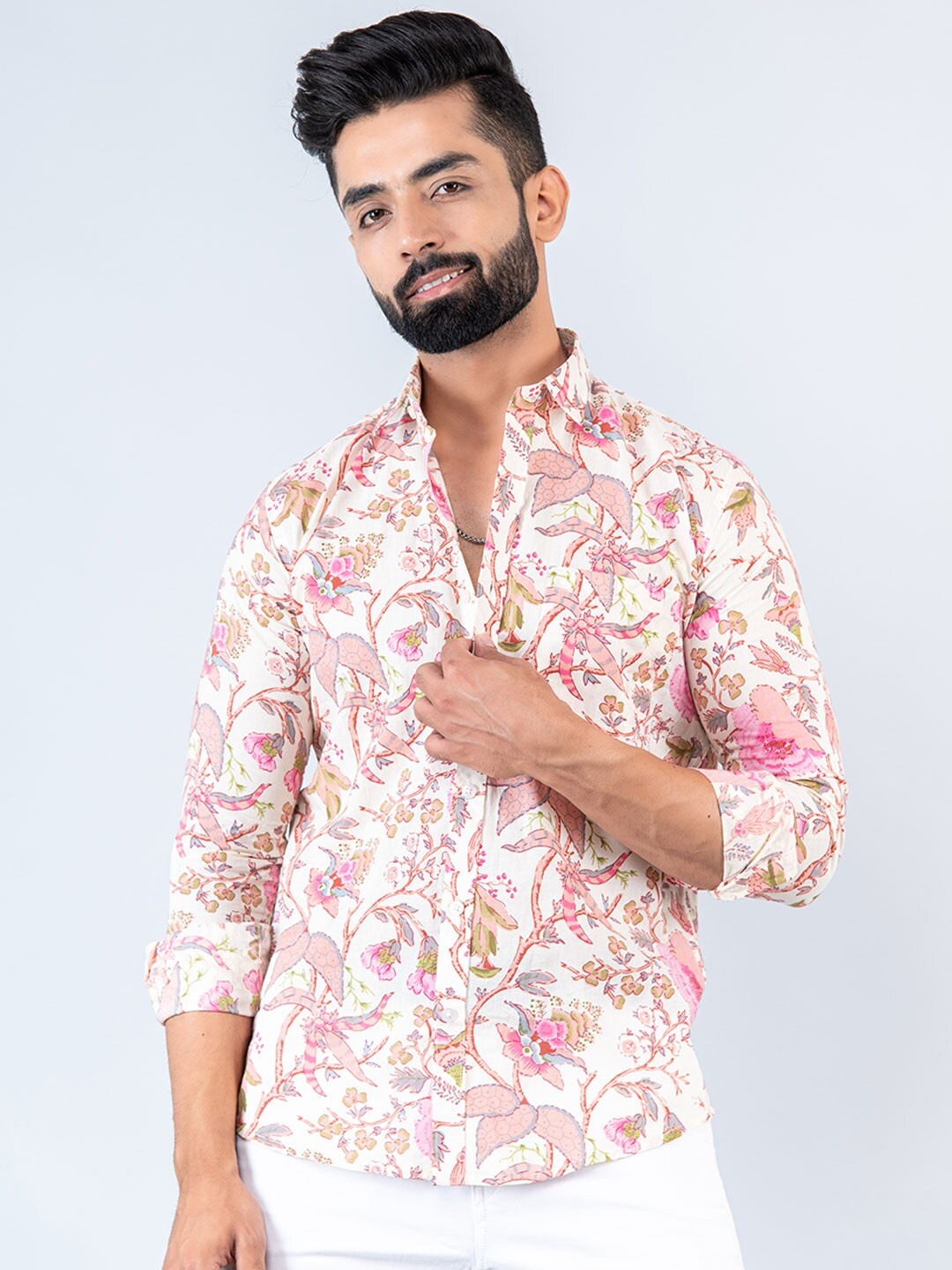 

Tistabene New Floral Opaque Printed Cotton Casual Shirt, Cream