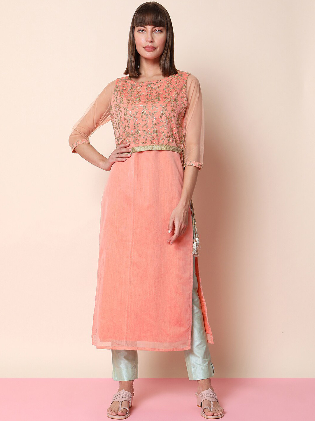 

Indifusion Floral Embroidered Thread Work Chanderi Cotton Kurta with Trousers & Dupatta, Peach