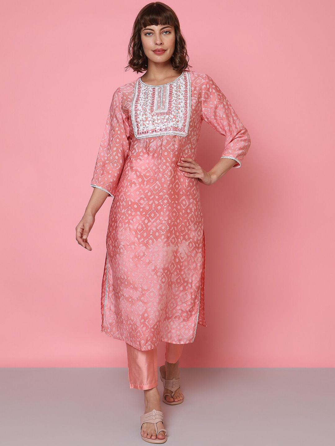 

Indifusion Geometric Printed Mirror Work Pure Cotton Kurta with Trousers & Dupatta, Peach