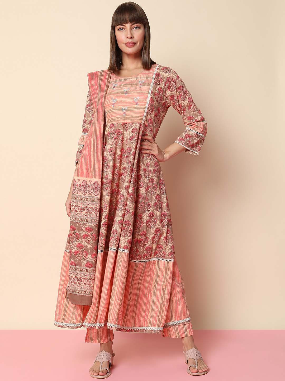 

Indifusion Floral Printed Anarkali Kurta & Trousers With Dupatta, Red