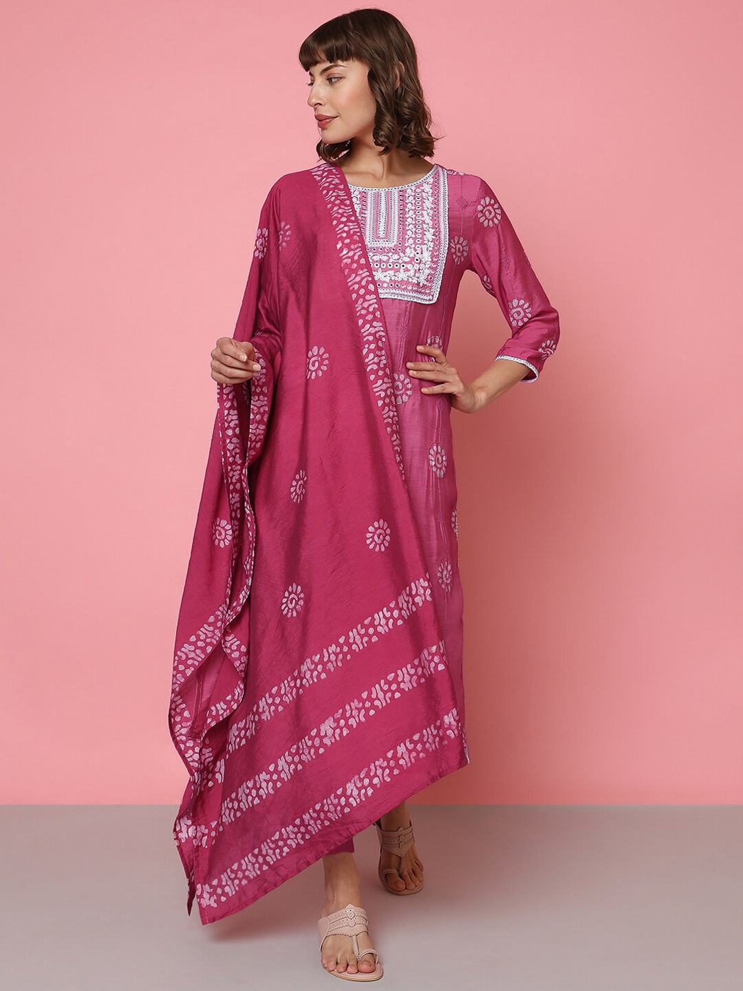 

Indifusion Floral Printed Sequined Kurta & Trousers With Dupatta, Pink