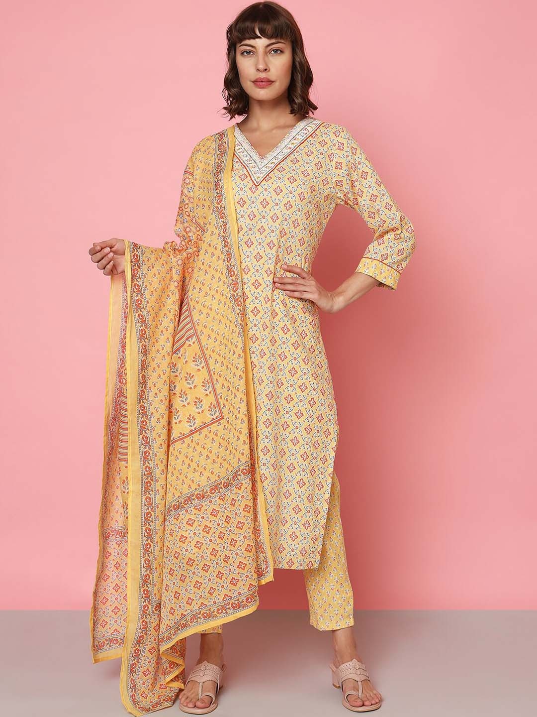

Indifusion Floral Printed Regular Pure Cotton Kurta & Trousers With Dupatta, Yellow