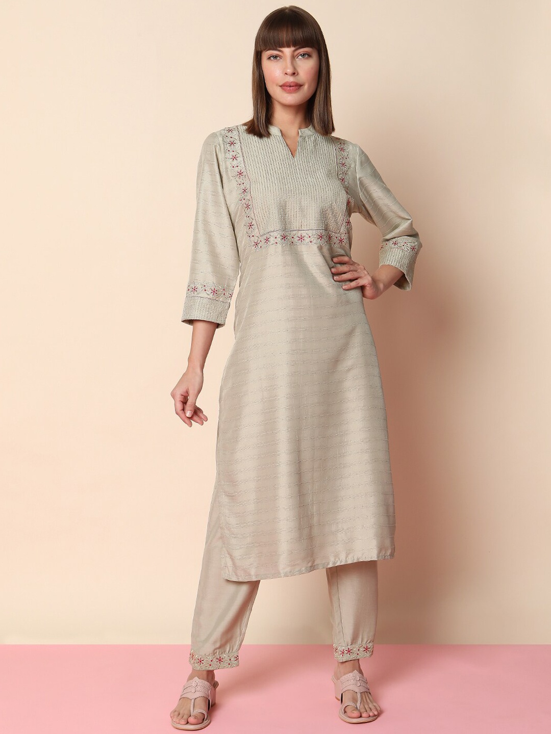 

Indifusion Floral Embroidered Thread Work Kurta with Trousers & Dupatta, Beige