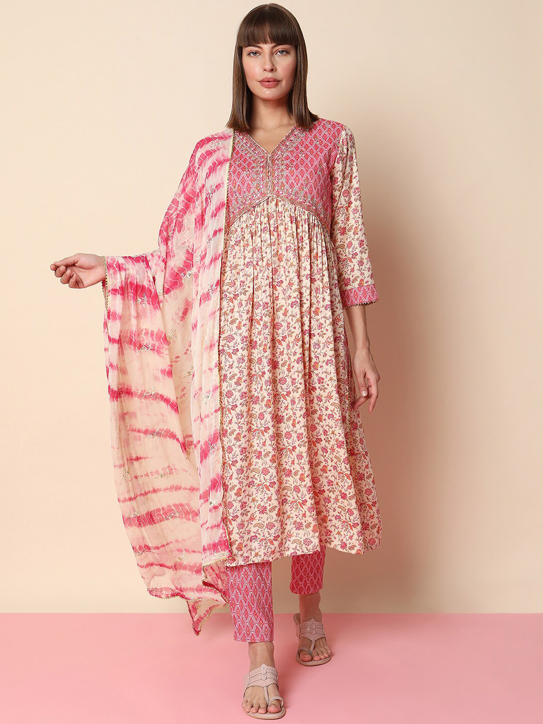 

Indifusion Floral Printed Mirror Work Pure Cotton Kurta with Trousers & Dupatta, Pink