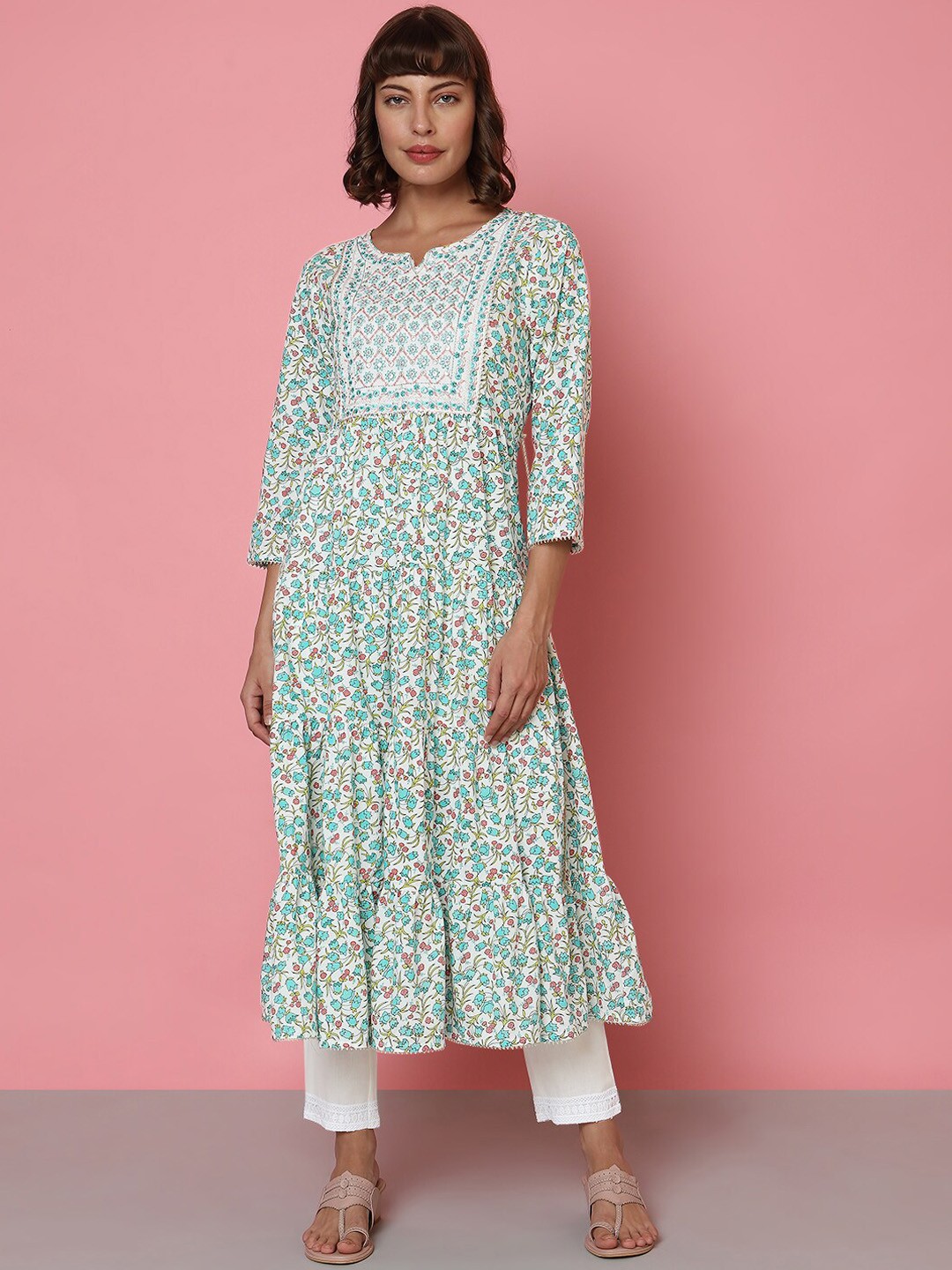 

Indifusion Floral Printed Anarkali Kurta & Trousers With Dupatta, Blue