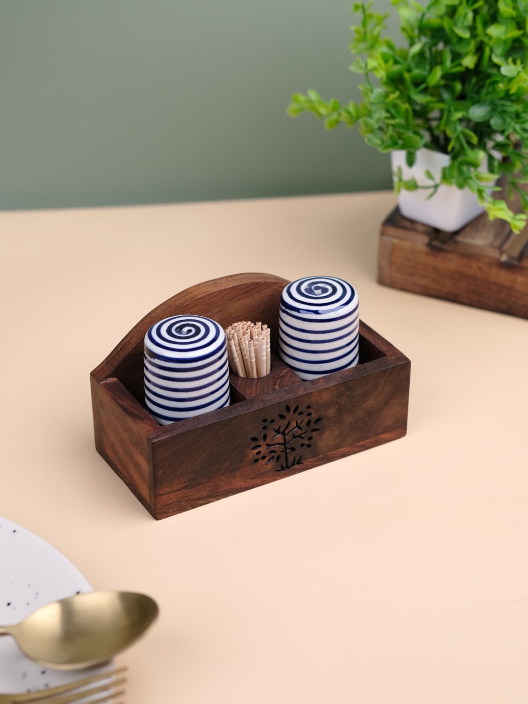 

VarEesha Tree Of Life Blue & Brown Salt & Pepper & Toothpick Wooden Holder