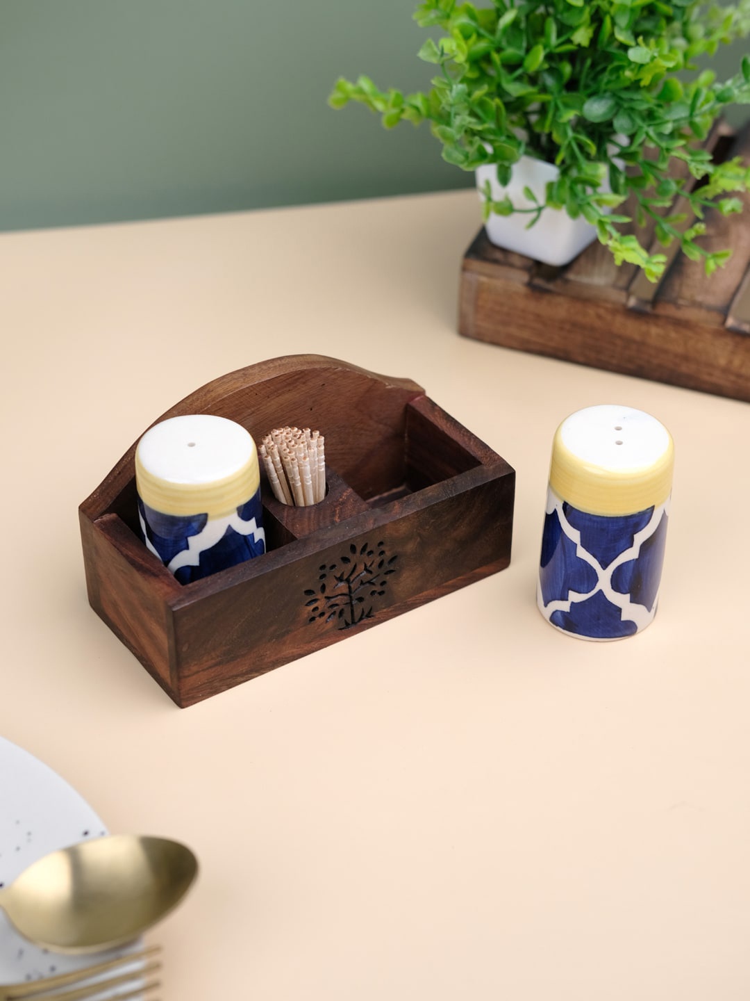 

VarEesha Tree Of Life Brown & Blue Salt & Pepper Shaker & Wooden Toothpick Holder