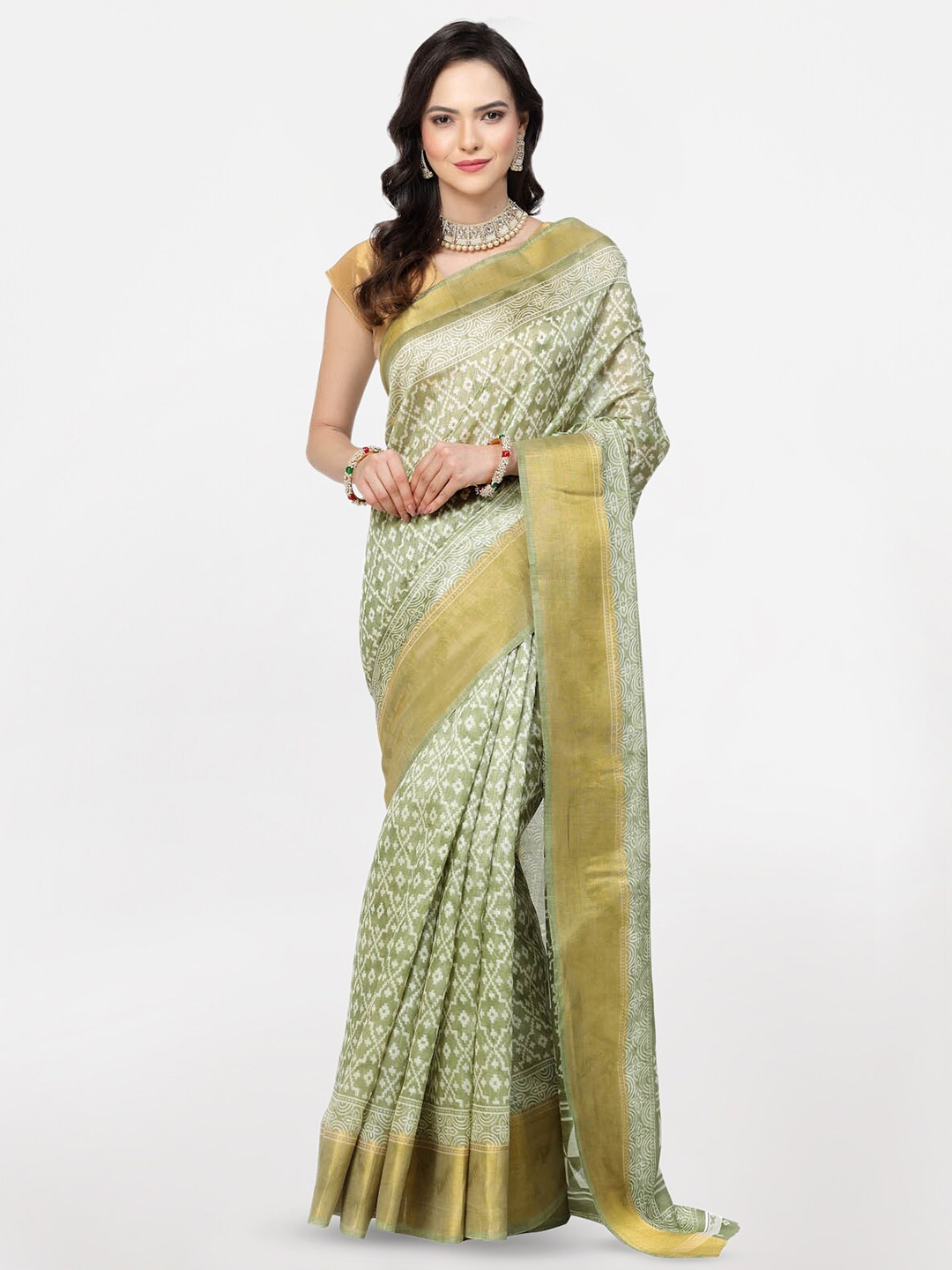 

KALINI Floral Zari Pure Cotton Saree, Green
